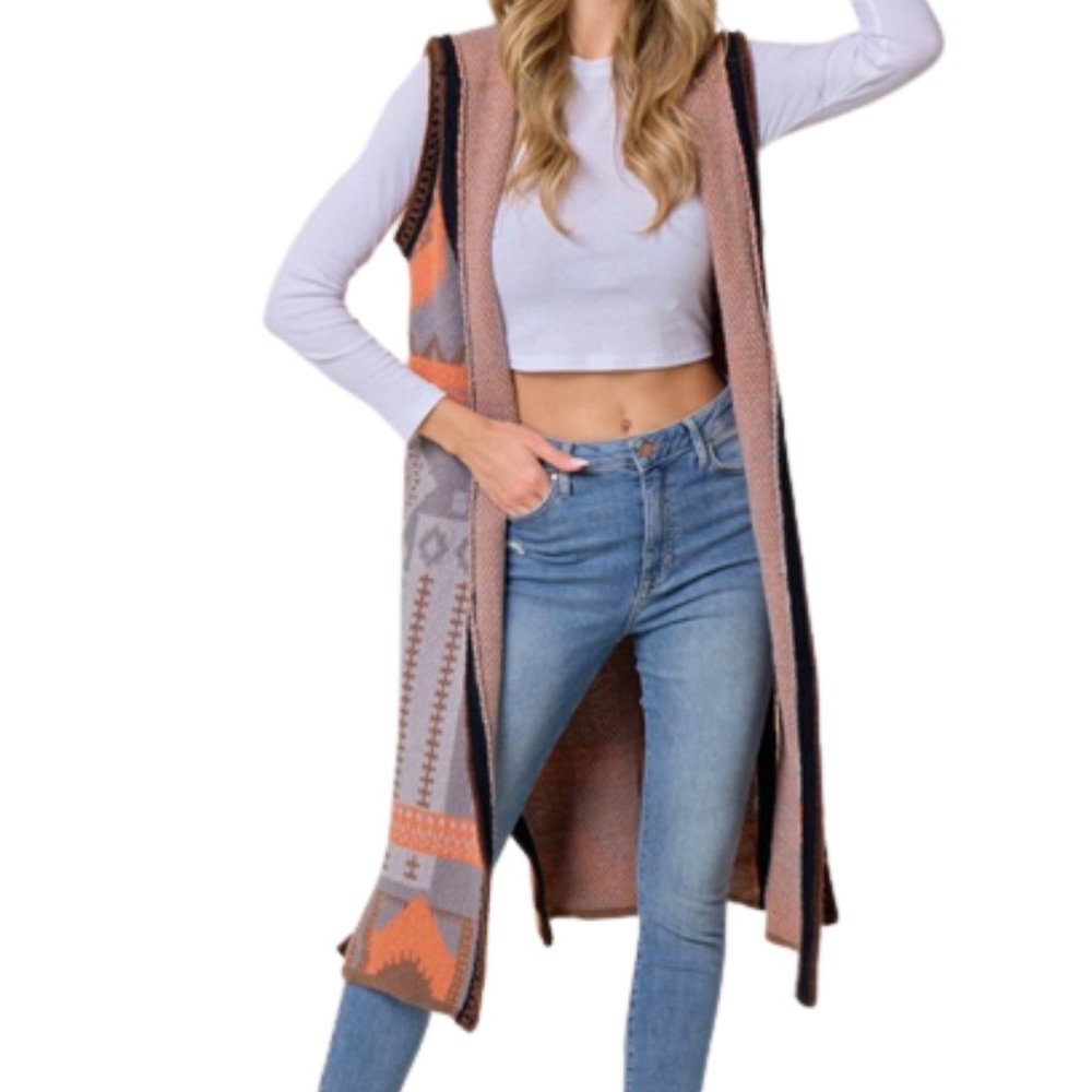 Women's Grey-Orange multi color Aztec Pattern Knit Hooded Long Cardigan … - Picture 5 of 6